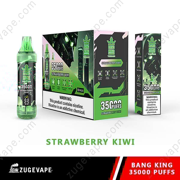 Bang King Strawberry Kiwi wegwerpverpakking voor vapen met etiket '35.000 trekjes', een groen vape-apparaat en een nicotinewaarschuwing.