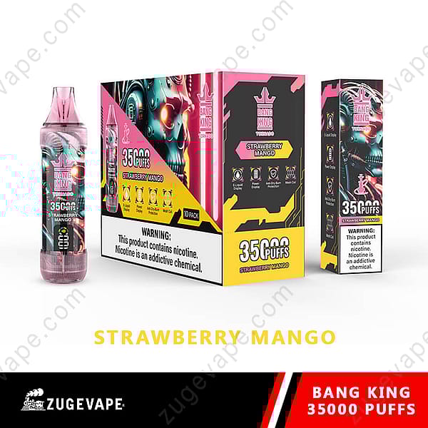 Bang King wegwerp-vapeverpakking met aardbei-mangosmaak, 35.000 trekjes, met waarschuwingen over nicotineverslaving.