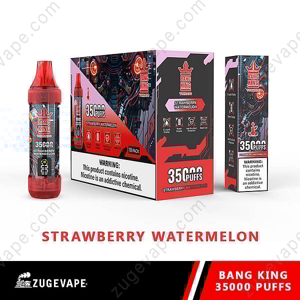 Bang King Strawberry Watermelon Vape-verpakking met 35.000 trekjes en waarschuwingslabel over nicotineverslaving.
