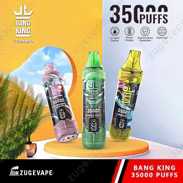 Drie Bang King 35000 Puffs Tornado wegwerp-vape-apparaten tentoongesteld, met 35.000 trekjes en opvallende kenmerken zoals E-Liquid-display, vermogensdisplay en mesh-coil.