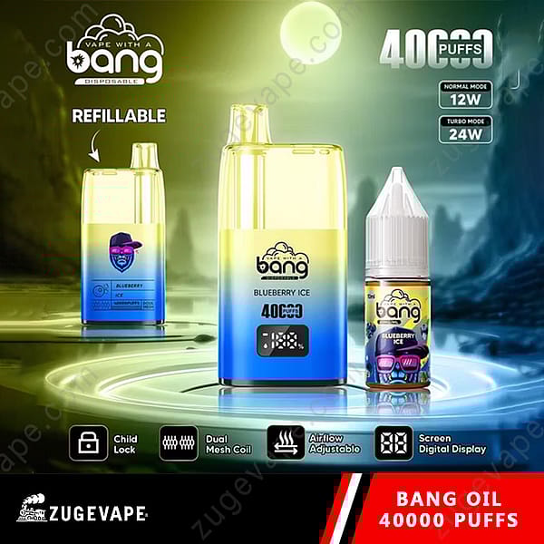 &Quot;Bang Disposable Vape Blueberry Ice-smaak, 40.000 trekjes, navulbaar ontwerp, met kinderbeveiliging, dubbele gaasspoel, instelbare luchtstroom en digitaal scherm.&Quot;