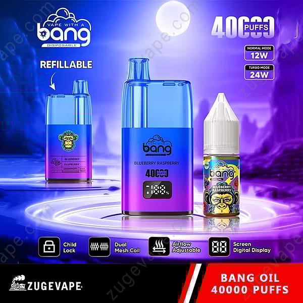 Blauw Vape-apparaat met het label &Quot;Bang&Quot; met bosbessen-frambozensmaak, capaciteit van 40.000 trekjes, navulbaar, kinderbeveiliging, dubbele gaasspoel, instelbare luchtstroom en digitaal scherm, samen met bijpassende e-liquidfles.
