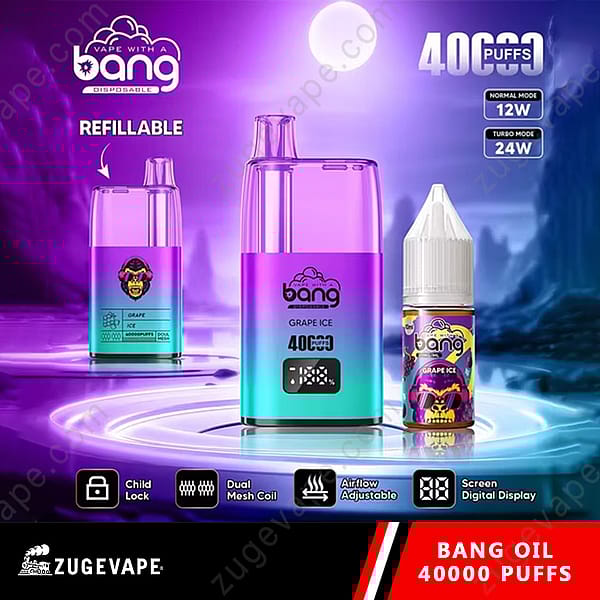 Een kleurrijk wegwerp-vape-apparaat met het label 'Bang' met een druivenijssmaak, met navulbaar ontwerp, capaciteit van 40.000 trekjes, dubbele gaasspoel, instelbare luchtstroom, digitaal scherm en kinderbeveiliging.