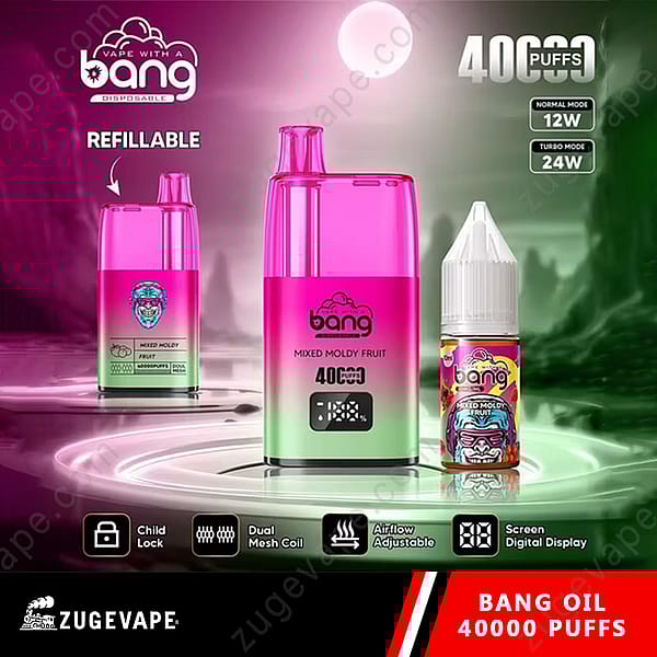 Roze en groene Bang Vape-apparaat en navulbare fles, met de smaak van 'gemengde beschimmelde vruchten', 40.000 trekjes, instelbare luchtstroom, digitaal display, dubbele gaasspoel en kinderbeveiliging.