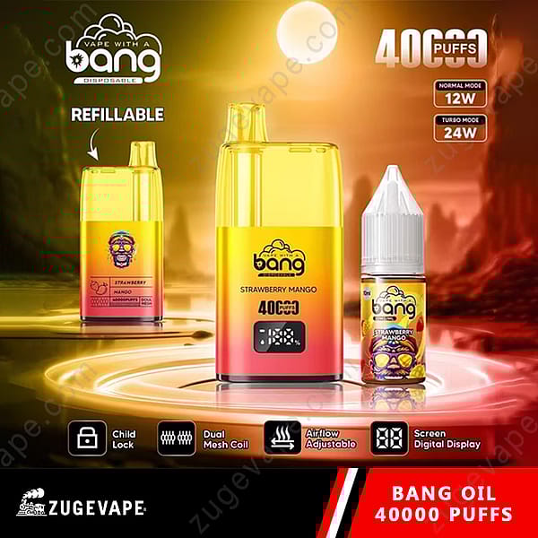 Afbeelding van een vapingproduct met een navulbare gele en roze container met het label &quot;Bang Strawberry Mango&quot; met een display waarop 4000 trekjes staan. Er staat ook een fles e-liquid in dezelfde smaak ernaast. De achtergrond heeft een zonsondergang en verschillende pictogrammen die functies aangeven zoals kinderslot, dubbele mesh-spoel, instelbare luchtstroom en digitaal display worden weergegeven.