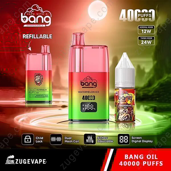 Afbeelding van een promotionele advertentie voor een vape-product met twee kleurrijke wegwerp-vape-apparaten met het label &quot;Bang&quot; en &quot;Watermelon Ice&quot;, naast een fles vape-vloeistof. De apparaten worden gemarkeerd met functies zoals &quot;Navulbaar&quot;, &quot;40000 trekjes&quot; en instelbare instellingen. De achtergrond toont een zonsondergangscène, wat een levendige toets aan het ontwerp toevoegt.