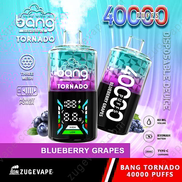 Imagen de un producto de vapeo colorido con la marca "Bang Tornado" y la etiqueta "Uvas de arándanos". El dispositivo está diseñado para ofrecer 40 000 bocanadas, tiene un volumen de 40 ml y funciona con una batería de 850 mAh. Incluye detalles sobre la potencia ajustable y la carga a través del tipo C. El fondo tiene un degradado de azul y morado con arándanos representados.