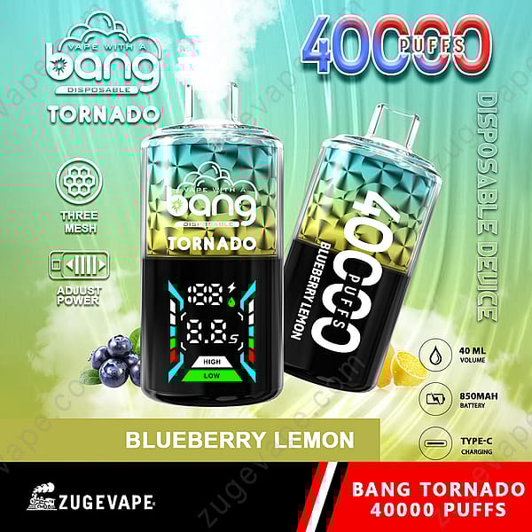 Un gráfico que presenta un dispositivo de vapeo desechable Bang Tornado con un diseño colorido, resaltado en verde y azul. El dispositivo muestra de manera destacada "40,000 bocanadas" y "Blueberry Lemon", junto con características como "Three Mesh", "Adjust Power" y especificaciones como un volumen de 40 ml y una batería de 850 mAh. Hay arándanos y un limón representados al lado.
