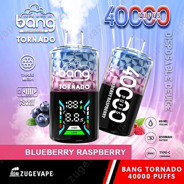 Exhibición de productos con un dispositivo de vapeo desechable Bang Tornado, etiquetado como &quot;Blueberry Raspberry&quot;, que muestra sus características como una pantalla digital, configuraciones de potencia ajustables, una capacidad de 40 ml y unas 40 000 bocanadas estimadas. El diseño incluye gráficos de bayas e íconos técnicos.