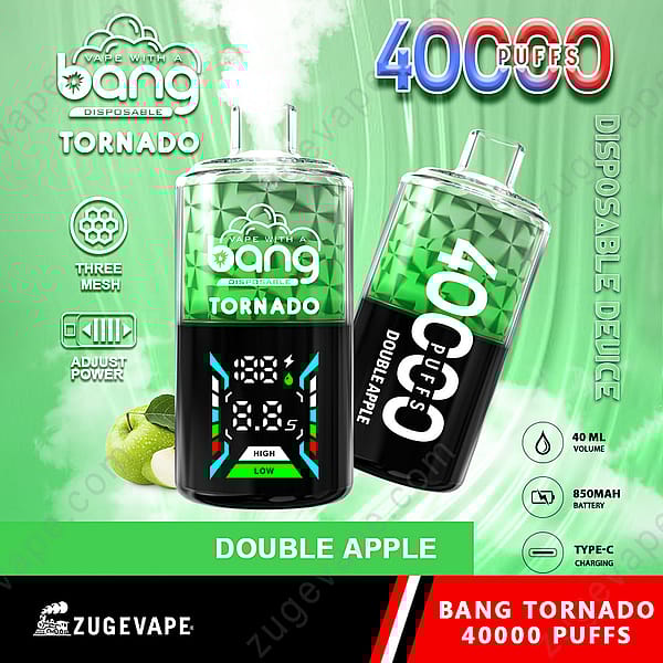 Un gráfico que muestra un dispositivo de vapeo desechable llamado &quot;Bang Tornado&quot;, con un diseño que indica que ofrece 40.000 bocanadas y tiene un doble sabor a manzana. El dispositivo tiene una pantalla digital que muestra información sobre la batería y el uso, con elementos que resaltan la potencia ajustable, un sistema de tres mallas y especificaciones que incluyen un volumen de 40 ml y una batería de 850 mAh. Esquema de colores verde y negro con una imagen de manzanas verdes en el fondo.