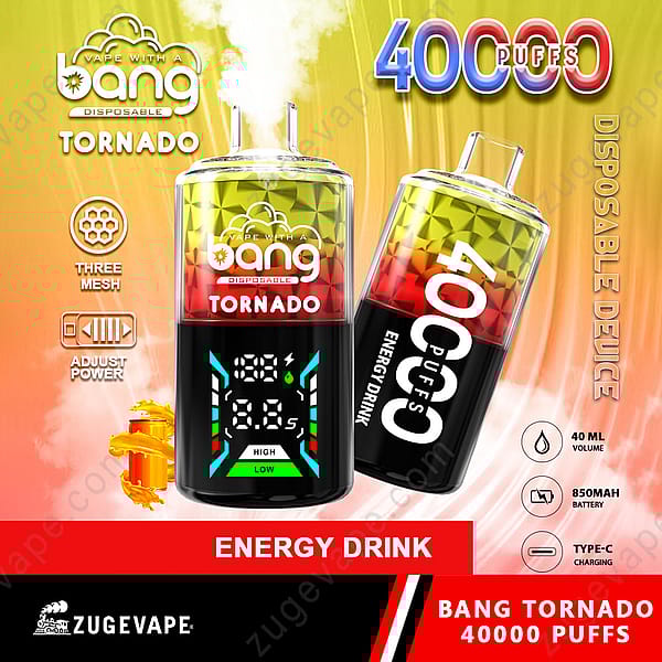 Imagen de un dispositivo de vapeo desechable colorido etiquetado como "Bang Tornado" con sabor a "bebida energética", con especificaciones como 40 000 bocanadas, pantalla digital, volumen de 40 ml y carga tipo C. El fondo incluye colores vibrantes y efectos de humo.