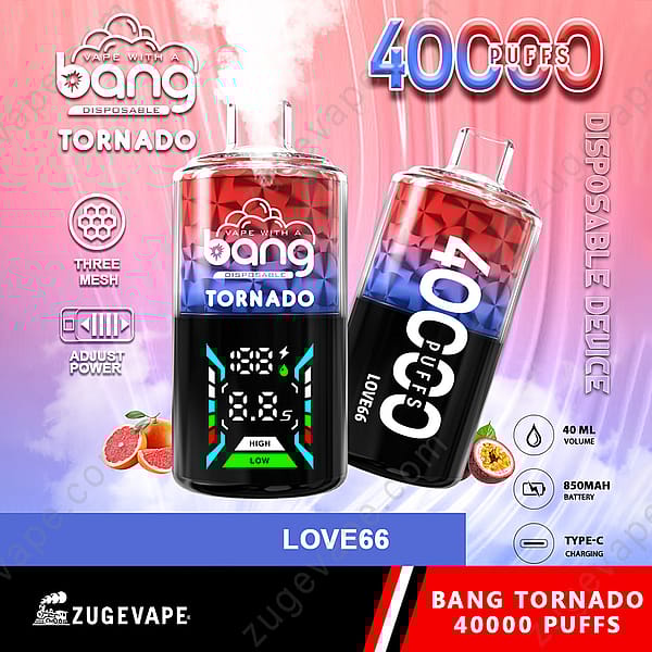 Gráficos que muestran un dispositivo de vapeo desechable Bang Tornado, con un diseño colorido con una etiqueta de &quot;40000 bocanadas&quot; y especificaciones que incluyen potencia ajustable, una capacidad de batería de 850 Mah y un volumen de 40 ml. El fondo tiene un degradado con efectos de humo e ilustraciones de frutas.