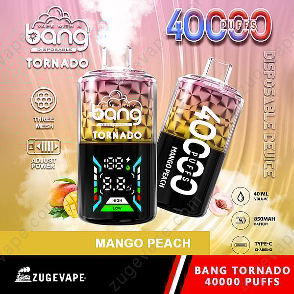 Un gráfico vibrante que muestra el vaporizador desechable Bang Tornado, enfatizando sus características como 40,000 bocanadas, sabor a mango y melocotón, potencia ajustable y especificaciones técnicas como un volumen de 40 ml, batería de 850 Mah y carga tipo C. El diseño incluye elementos coloridos y muestra una pantalla digital que muestra la configuración.