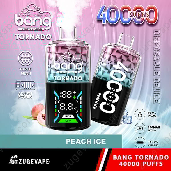 Gráfico promocional de los vaporizadores desechables Bang Tornado, que destaca características como 40 000 bocanadas, potencia ajustable y un sabor llamado Peach Ice. El diseño incluye elementos coloridos e imágenes de duraznos, junto con especificaciones técnicas como un volumen de 40 ml, una batería de 850 mAh y carga tipo C.