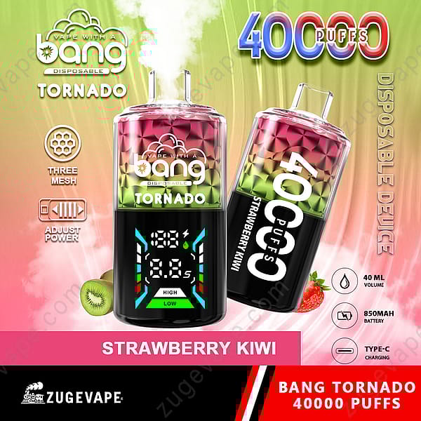 Un gráfico que muestra un dispositivo de vapeo desechable "Bang Tornado 40000" con un diseño colorido. Indica "40000 bocanadas" en la parte superior y enfatiza el sabor "fresa y kiwi". Las especificaciones clave incluyen un volumen de 40 ml, una batería de 850 mAh y configuraciones de energía ajustables, con íconos para funciones como la carga tipo C. También se muestran imágenes de kiwi y fresa en el diseño.