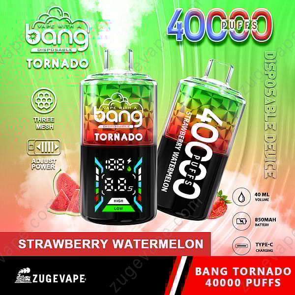 Un anuncio colorido de un vaporizador desechable "Bang Tornado", con un diseño que muestra el sabor "Sandía y fresa" y resalta especificaciones como "40 000 bocanadas", un volumen de 40 ml, una batería de 850 mAh, potencia ajustable y carga tipo C. En la imagen también se muestran rodajas de sandía.