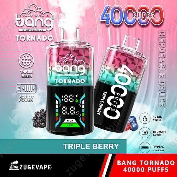Un anuncio colorido de un dispositivo de vapeo desechable con la marca "Bang Tornado 40000". El dispositivo muestra "40000 bocanadas" y sabor "Triple Berry", con gráficos que indican potencia ajustable y un sistema de tres mallas. Menciona un volumen de 40 ml, una batería de 850 mAh y carga tipo C. El fondo es un degradado de rosa y azul, con elementos visuales de bayas.