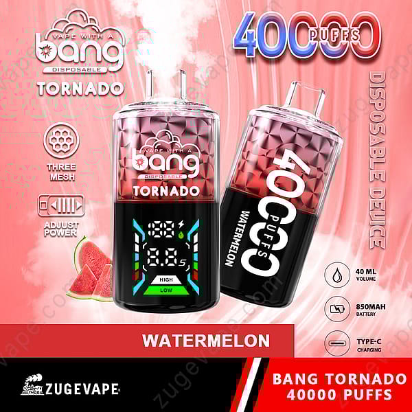 Imagen promocional de dos dispositivos desechables de Bang, etiquetados como "Tornado" y "Watermelon", que resalta sus características, entre ellas 40 000 bocanadas, un volumen de 40 ml, una función de potencia ajustable y una pantalla digital. El fondo incluye imágenes de rodajas de sandía y efectos de humo coloridos.