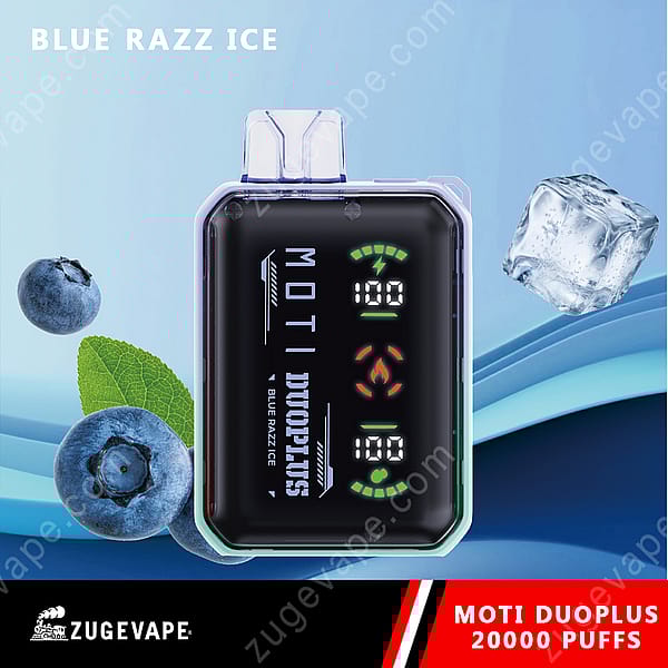 Blue Razz Ice-smaksatt Moti Duo Plus Vape-enhet med digital display och kapacitet på 20 000 puffar, omgiven av blåbär, myntablad och en iskub.