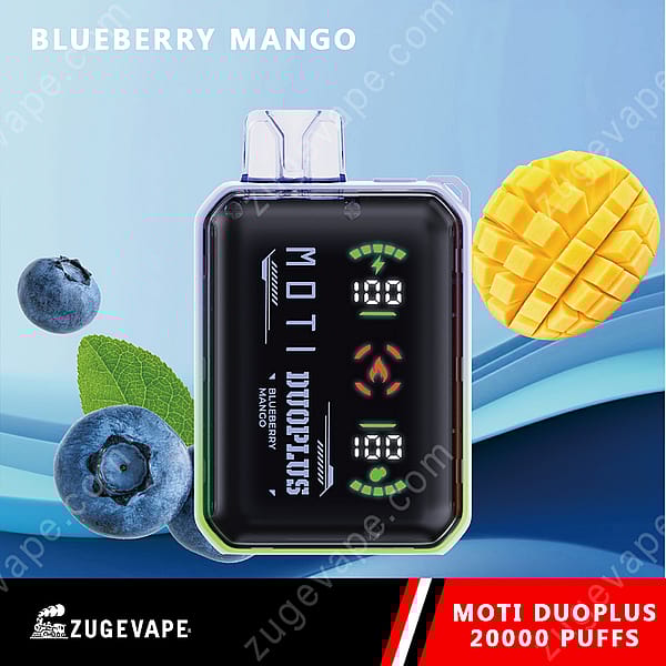 En Moti Duoplus 20000 Puffs Vape-enhet i blåbärsmangosmak med en digital display och frukter i bakgrunden.