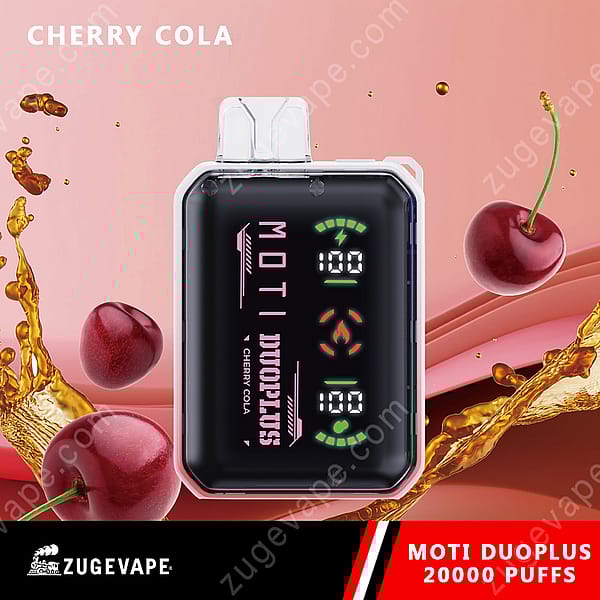 En svart Moti Duoplus Vape-enhet med en digital display, märkt &Quot;Cherry Cola,&Quot; Omgiven av körsbärsgrafik och colastänk på en rosa bakgrund.
