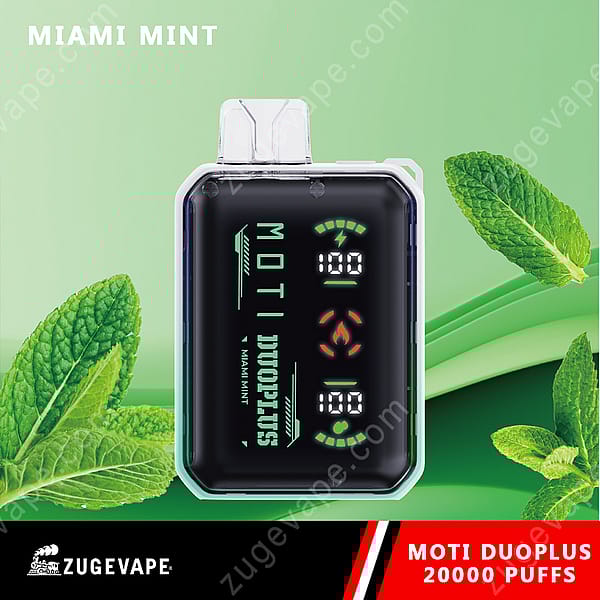 En Moti Duoplus vaping-enhet med en &Quot;Miami Mint&Quot; Smak, visar en digital skärm som indikerar batteri- och puffinformation, ställd mot en grön bakgrund med myntablad.