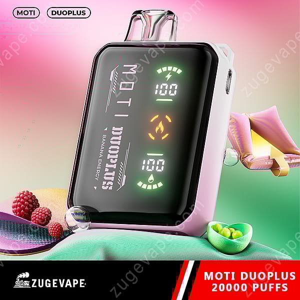 En färgglad vape-enhet märkt &Quot;Moti Duoplus,&Quot; Med en digital display med indikatorer för ström-, batteri- och vätskenivåer, inställd mot en livlig bakgrund med frukt och godis.