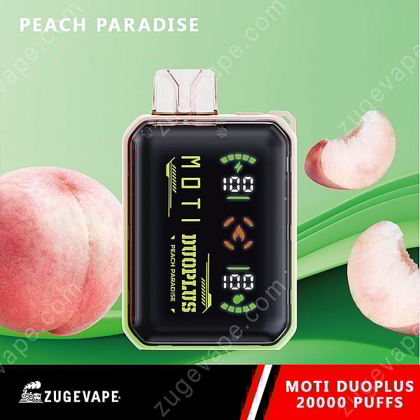 Peach Paradise-smaksatt Moti Duoplus Vape-enhet med kapacitet på 20 000 puffar, med en digital display och elegant design.