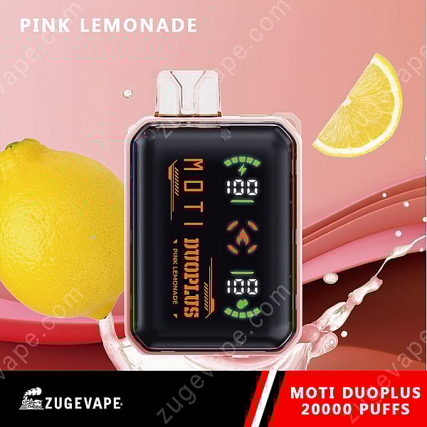 En svart Moti Duoplus Vape-enhet med en digital display, märkt &Quot;Pink Lemonade,&Quot; Placerad Bredvid En Skivad Citron Och En Rosa Bakgrund.