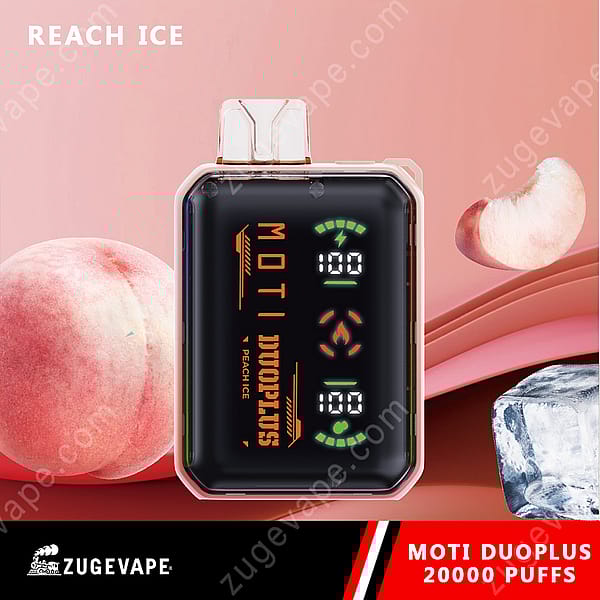 En Moti Duoplus Vape-enhet med en digital display som visar batteri- och puffindikatorer, tillsammans med bilder av persika och isbitar på en rosa bakgrund.