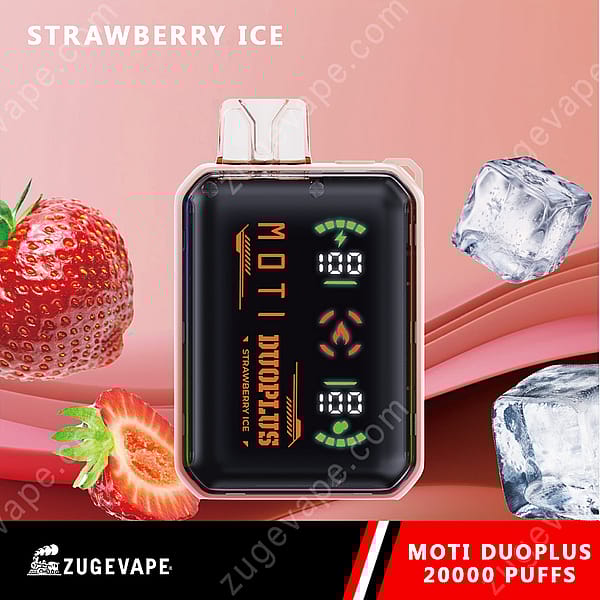 En svart Moti Duoplus Vape-enhet med en digital display, märkt &Quot;Strawberry Ice,&Quot; Placeras Bredvid Jordgubbar Och Isbitar På En Rosa Bakgrund.