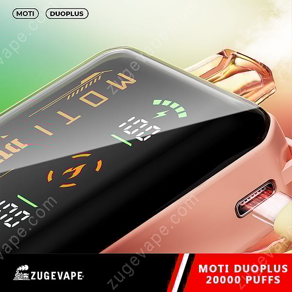 Närbild av en Moti Duoplus Vape-enhet som visar en digital skärm med batteri- och puffindikatorer, bredvid en laddningsport.