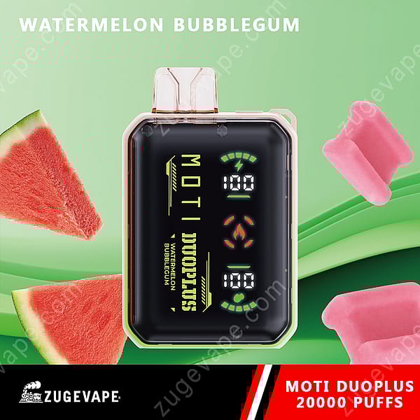 En svart Moti Duoplus Vape-enhet med en digital display, märkt &Quot;Watermelon Bubblegum,&Quot; Bredvid Vattenmelonskivor Och Rosa Bubblegum Bitar På En Grön Bakgrund.