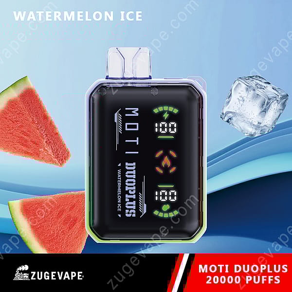En Moti Duoplus 20000 Puffs Vape-enhet i vattenmelonismak med en digital display, vattenmelonskivor och en iskub i bakgrunden.