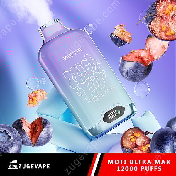 Appareil à vapotage bleu et violet étiqueté « Meta Ultra Max » avec saveur « Blue Razz Ice », entouré de myrtilles, de glaçons et d'un fruit fendu, affichant 12 000 bouffées sur un écran numérique.