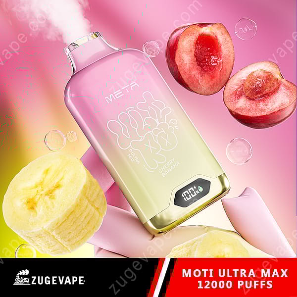 Un appareil de vapotage coloré étiqueté « Meta » avec une saveur de cerise et de banane, entouré de cerises et de bananes tranchées sur un fond dégradé rose et jaune.