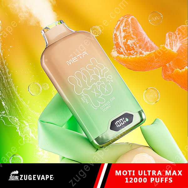 Un appareil à vapotage coloré étiqueté « Meta Ultra Max » avec une saveur de gin tonique aux agrumes, doté d'un compteur de bouffées numérique et d'accents orange et verts vibrants sur un fond fruité dynamique.