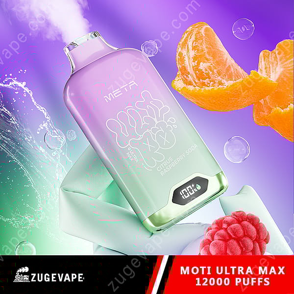 Un appareil à vapotage coloré étiqueté « Meta Ultra Max » avec un compteur de bouffées numérique, une saveur de soda aux agrumes et à la framboise, entouré de framboises, de tranches d'orange et d'un tourbillon de vapeur.