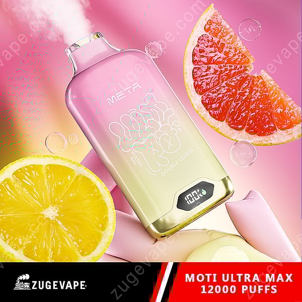 Un appareil à vapotage coloré étiqueté « Meta Ultra Max Double Lemon » avec un affichage numérique, entouré de tranches de citron et de pamplemousse vibrantes, sur un fond rose.