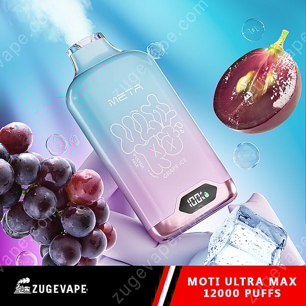 Un appareil à vapotage coloré étiqueté « Moti Ultra Max 12000 Puffs Grape Ice » entouré de raisins, de glace et d'un fond bleu givré.
