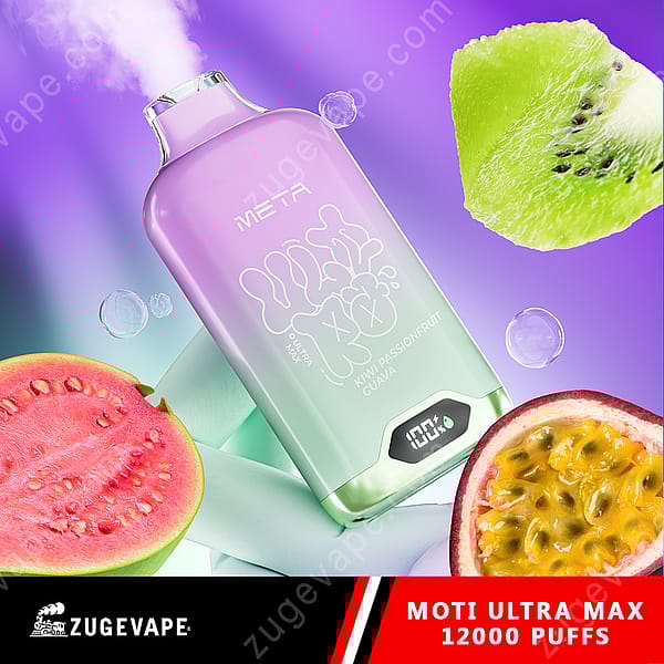 Un appareil à vapotage violet et vert étiqueté « Meta » avec la saveur « Kiwi, fruit de la passion, goyave », doté d'un compteur de bouffées numérique, entouré d'images de kiwi, de fruit de la passion et de goyave.