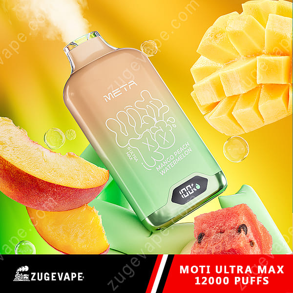 Un appareil à vapotage jetable étiqueté « Meta Moti Ultra Max » avec une saveur de mangue, de pêche et de pastèque, avec des fruits colorés en arrière-plan et un compteur de bouffées numérique affichant « 12 000 bouffées ».