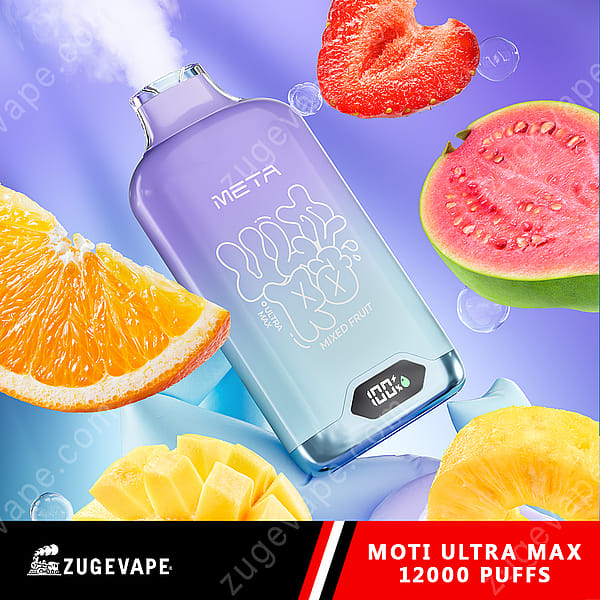 Un appareil à vapotage coloré étiqueté « Meta Ultra Max Mixed Fruit » avec 12 000 bouffées, entouré de tranches de fruits vibrantes, notamment d'orange, de fraise, de goyave et d'ananas sur un fond bleu.