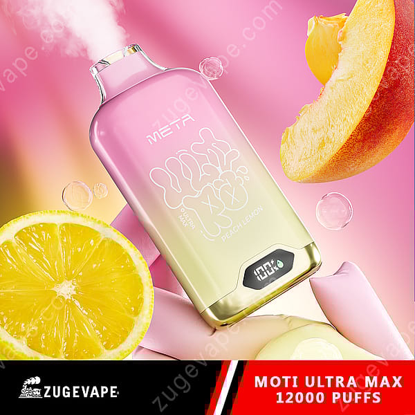 Un appareil à vapotage dégradé rose et jaune étiqueté « Meta Ultra Max Peach Lemon 12000 Puffs » avec un compteur de bouffées numérique, entouré de tranches de pêche et de citron sur un fond rose.