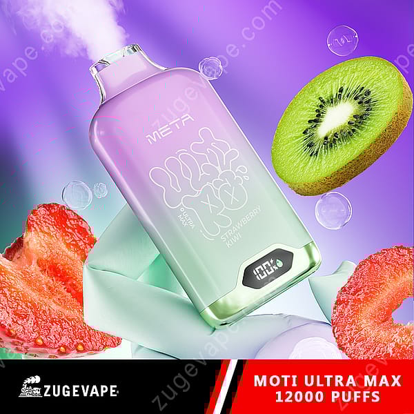 Un appareil à vapotage de couleur pastel étiqueté « Meta » avec une saveur « Fraise Kiwi », émettant de la vapeur, entouré de tranches de kiwi et de fraise, doté d'un compteur de bouffées numérique et commercialisé sous la marque « Moti Ultra Max 12000 Puffs » par Zugevape.
