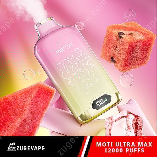 Un appareil de vapotage dégradé rose et jaune étiqueté « Meta Watermelon Ice », entouré de tranches de pastèque, de glaçons et de vapeur, avec un compteur de bouffées numérique indiquant « 12 000 bouffées » affiché en bas.
