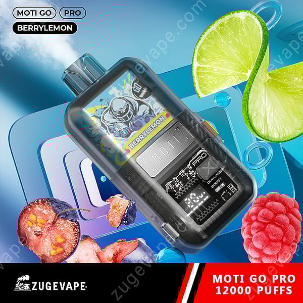 A Moti Go Pro Vape Device Labeled &Quot;Berrylemon&Quot; On A Colorful Background Featuring Sliced Lime, Berries, And Smoke Effects. The Device Is Partially Transparent, Showing Digital Indicators And Various Fruit Elements Nearby.