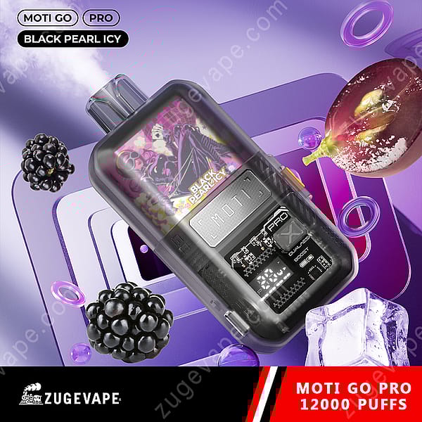 An Image Of A Moti Go Pro Vape Device Labeled &Quot;Black Pearl Icy,&Quot; Featuring A Colorful Design With Blackberries And Ice Cubes In A Vibrant Background.