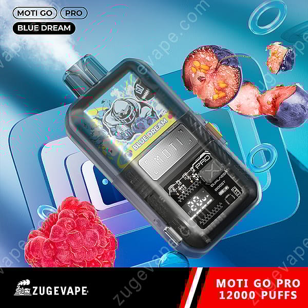 A Sleek Vaping Device Labeled &Quot;Moti Go Pro&Quot; With The Flavor &Quot;Blue Dream,&Quot; Surrounded By Images Of Raspberries And Blueberries, Set Against A Colorful Background.