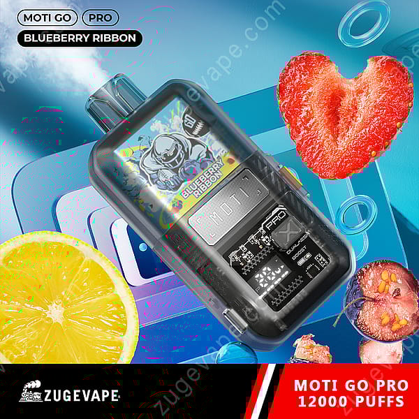 A Vape Device Labeled &Quot;Moti Go Pro&Quot; With The Flavor &Quot;Blueberry Ribbon,&Quot; Surrounded By Lemon Slices, Strawberries, And Colorful Geometric Shapes In The Background.